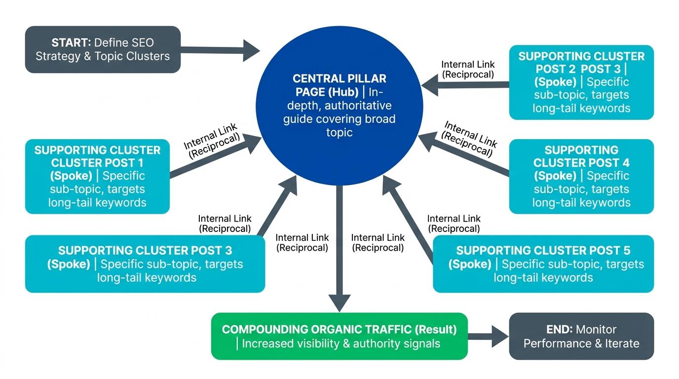 Hub and spoke architecture showing a central pillar page linking out to and receiving links from 5 supporting cluster posts