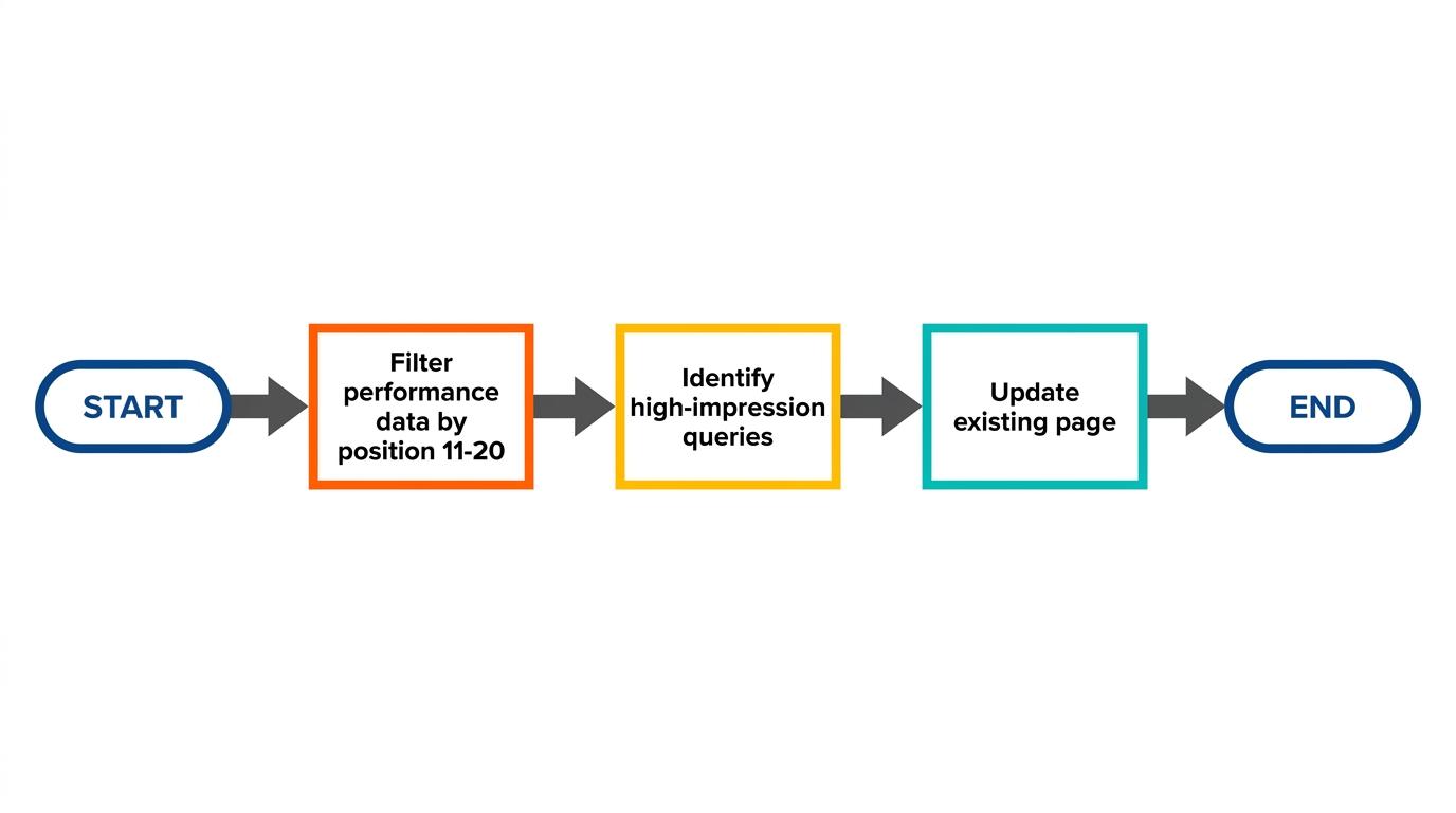 3-step flowchart showing filtering performance data by position 11-20, identifying high-impression queries, and updating the existing page