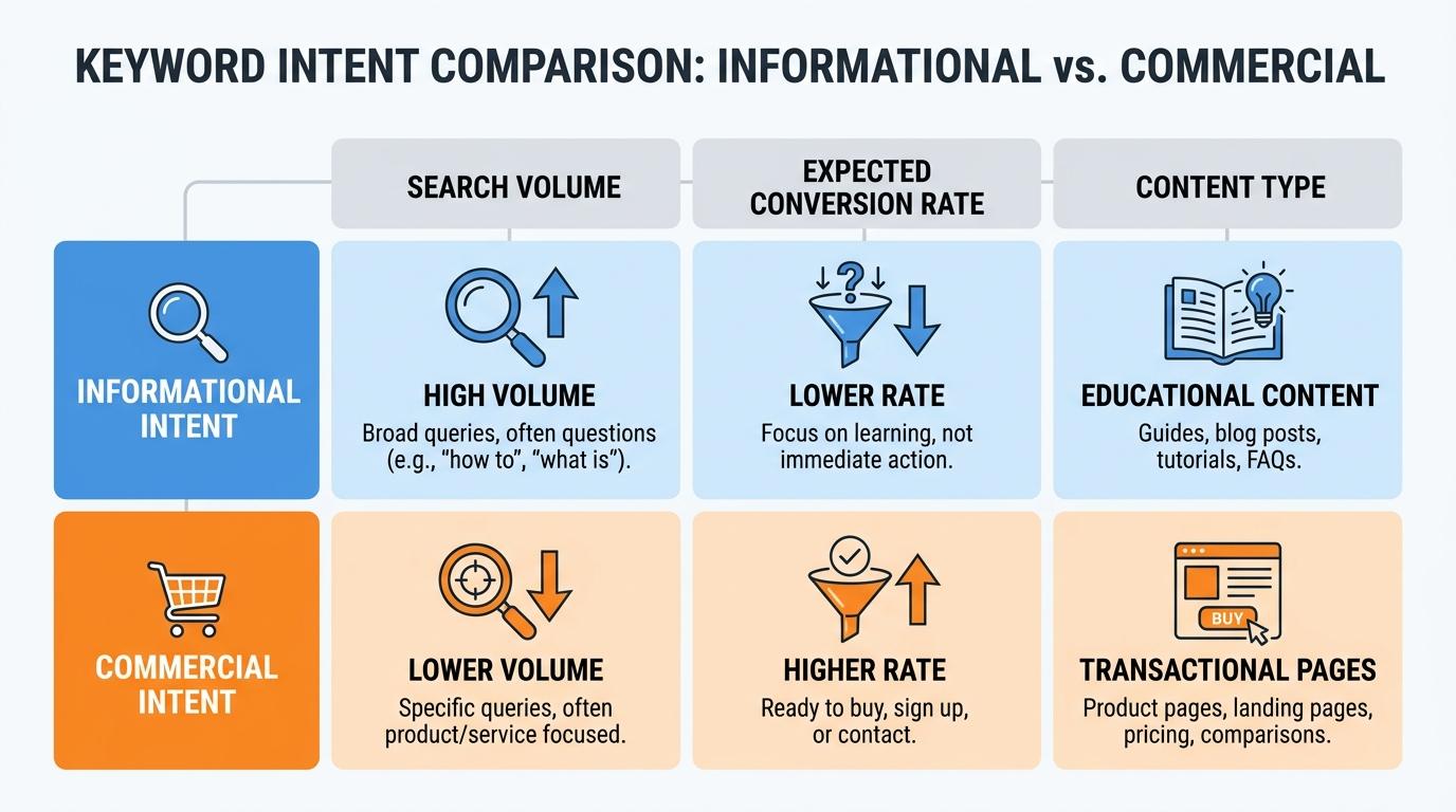 Comparison matrix showing Informational vs Commercial intent differences across search volume, expected conversion rate, and content type