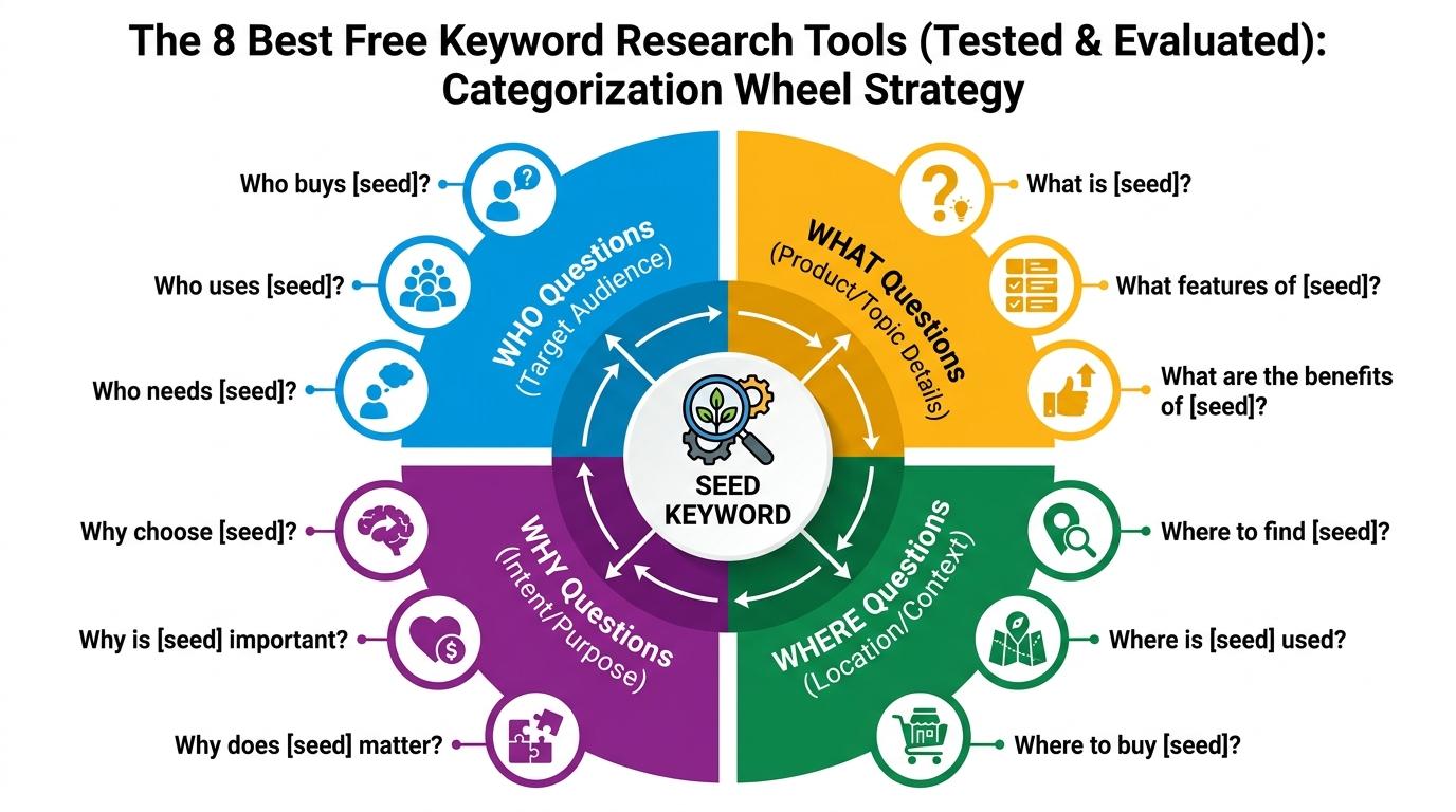 Visual representation of a categorization wheel showing a core seed keyword branching into who, what, where, and why questions