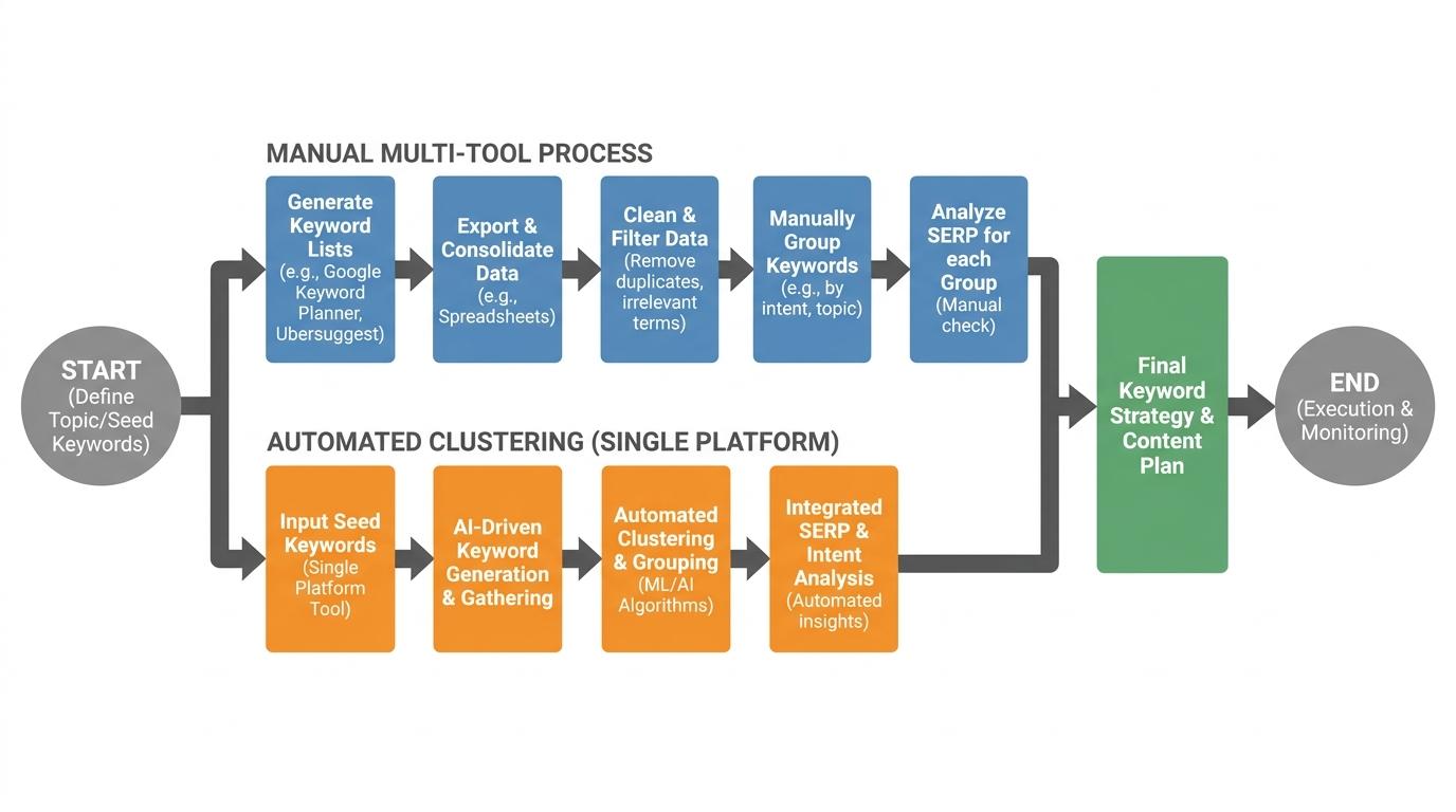 Workflow flowchart showing the manual multi-tool process vs automated clustering in a single platform