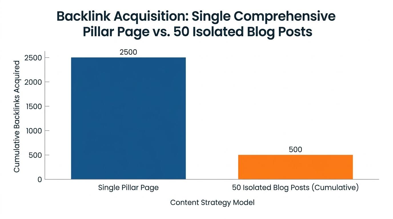 Bar chart comparing backlink acquisition between a single comprehensive pillar page versus 50 isolated blog posts