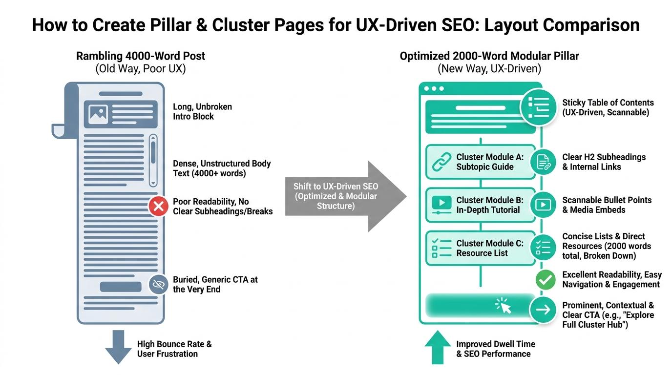 Comparison of a rambling 4000-word post layout versus an optimized 2000-word modular pillar page with a sticky table of contents
