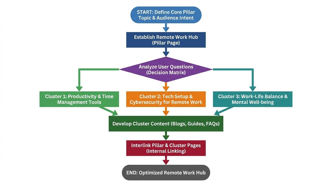 Decision matrix mapping a core remote work hub to specific long-tail cluster topics based on distinct user questions