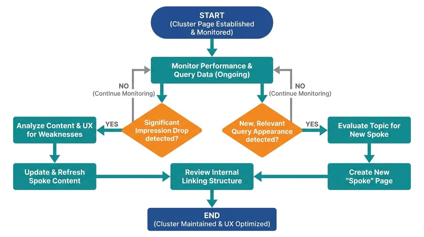Decision tree for cluster maintenance showing triggers like impression drops or new query appearances leading to content updates or new spoke creation