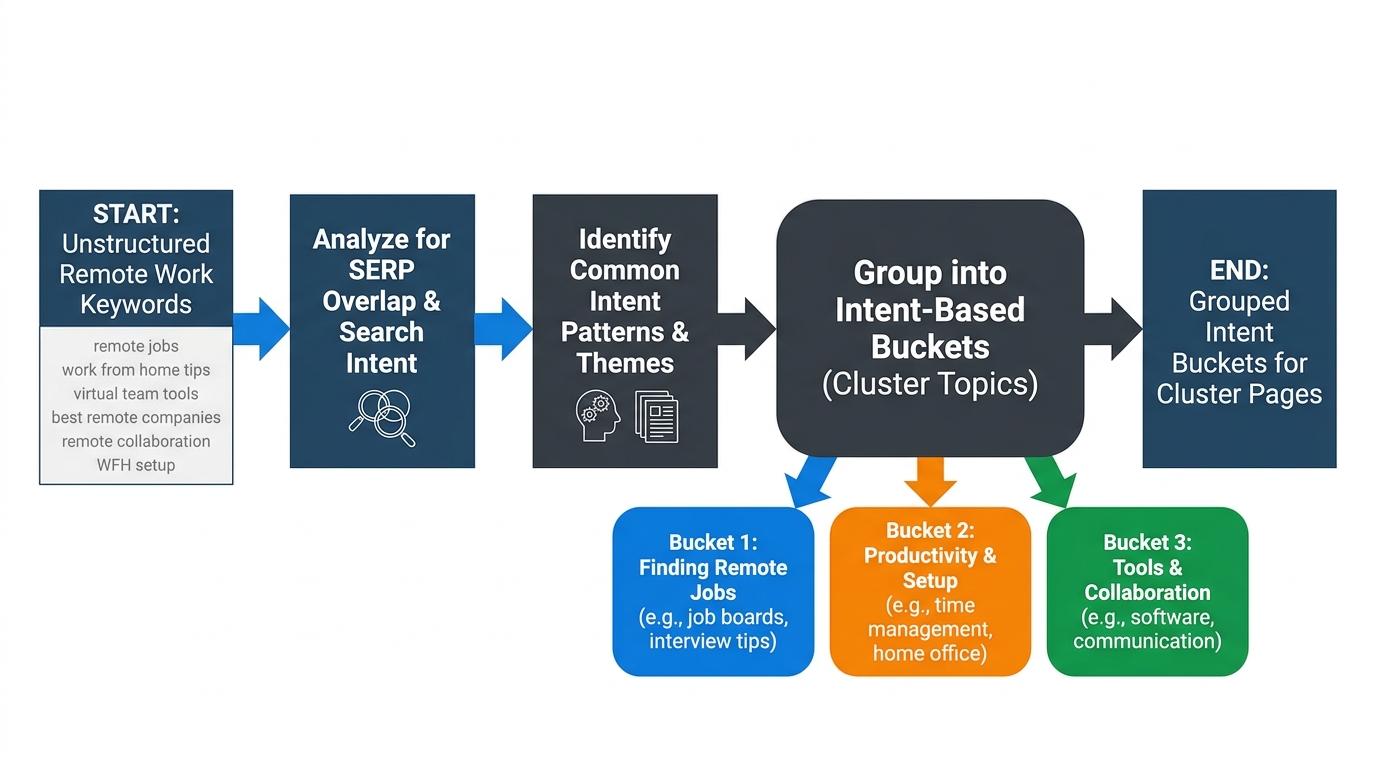 Flowchart showing the transition from an unstructured list of remote work keywords to grouped intent buckets based on SERP overlap