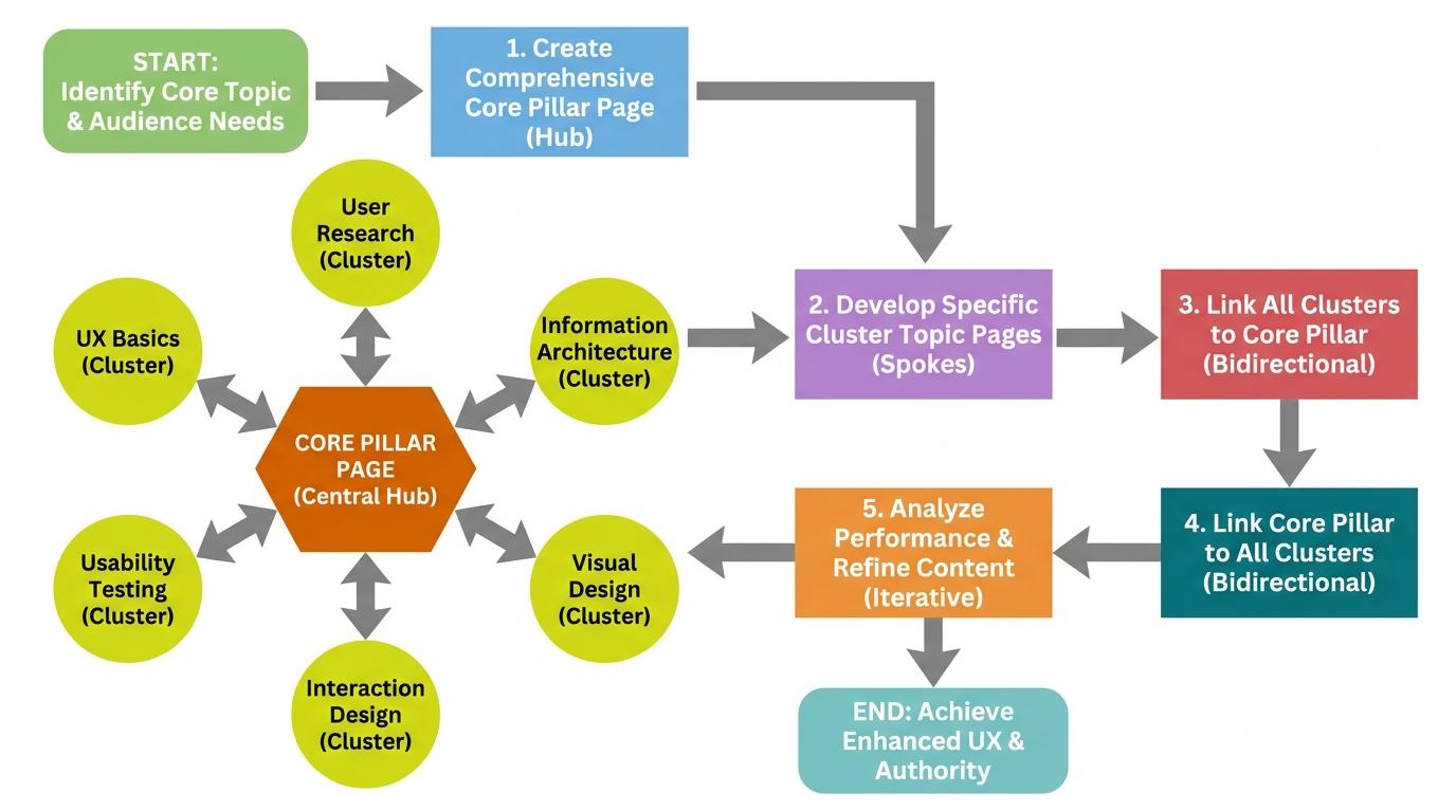 Hub and spoke network showing a central core pillar page connected by bidirectional arrows to 6 surrounding cluster topic pages