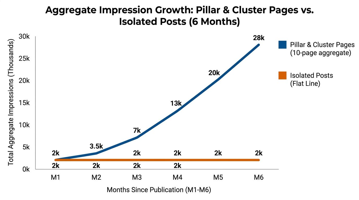 Line graph showing aggregate impression growth for a 10-page cluster over 6 months compared to a flat line of isolated posts