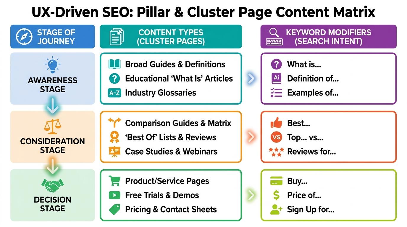 Matrix showing awareness, consideration, and decision stages mapped to specific content types and keyword modifiers