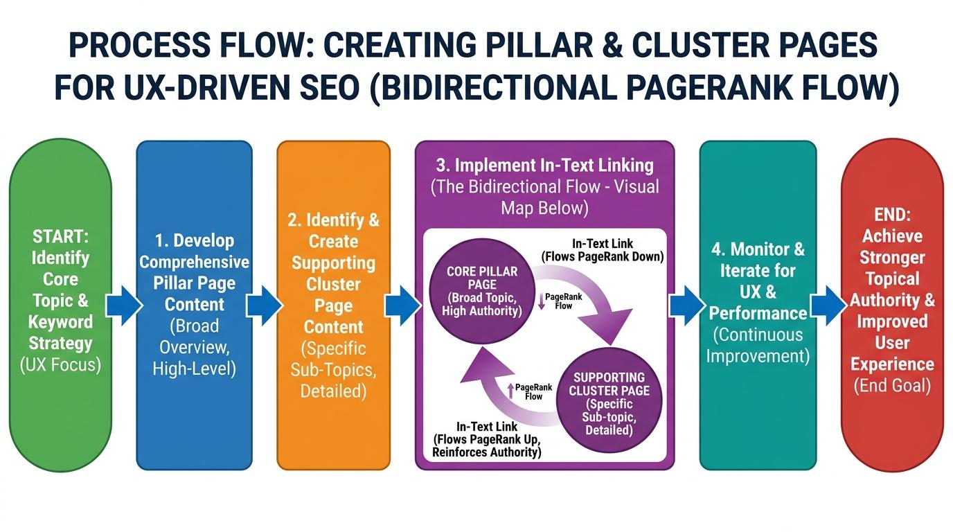 Visual map showing bidirectional PageRank flow between a core pillar page and a supporting cluster page via in-text links