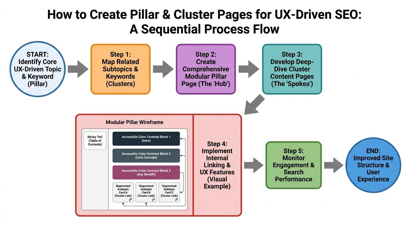 Wireframe of a modular pillar page showing a sticky table of contents, accessible color contrast blocks, and segmented subtopic cards