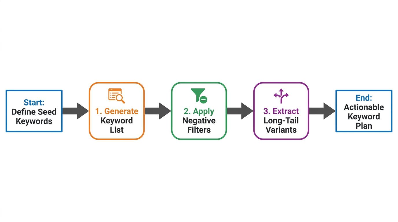 3-step flowchart showing Keyword List arrow to Apply Negative Filters arrow to Extract Long-Tail Variants
