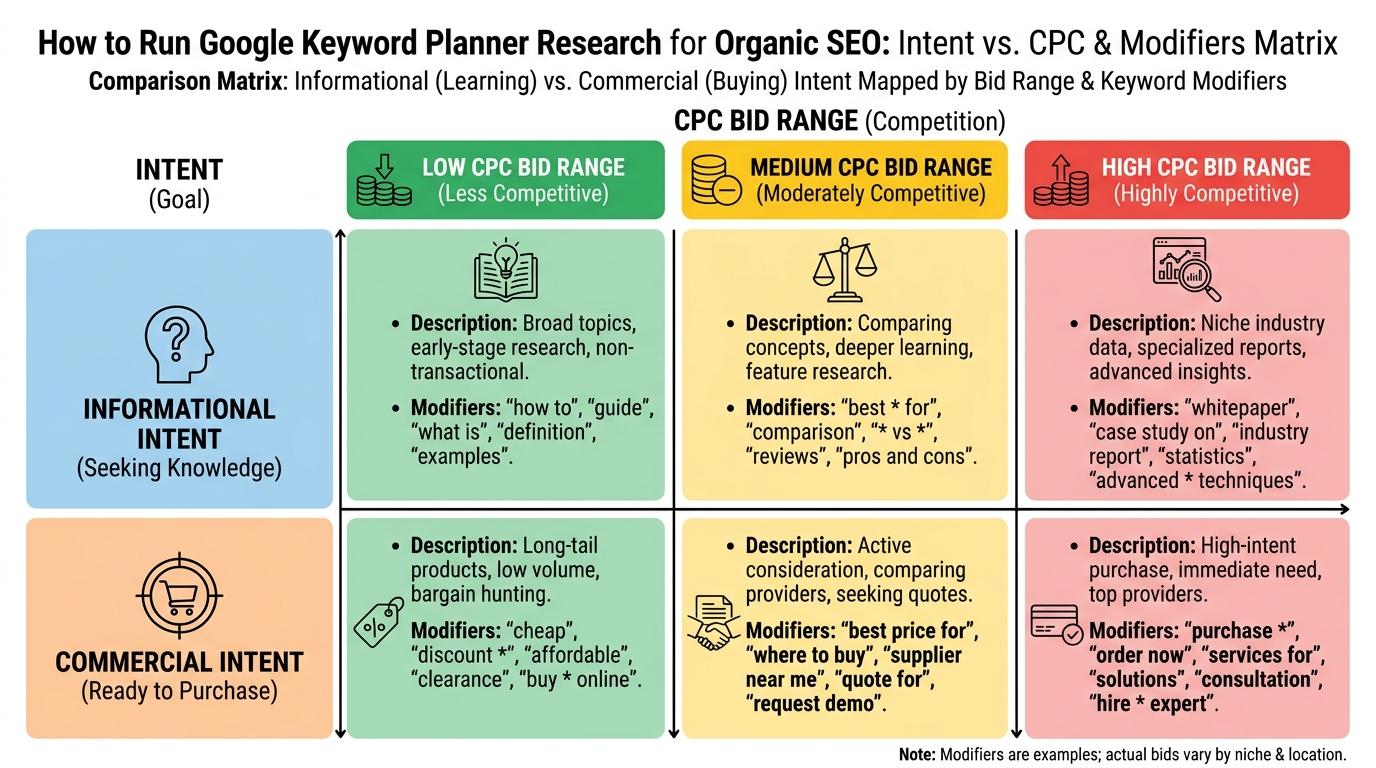 Comparison matrix showing Informational vs Commercial intent mapped against CPC bid ranges and keyword modifiers