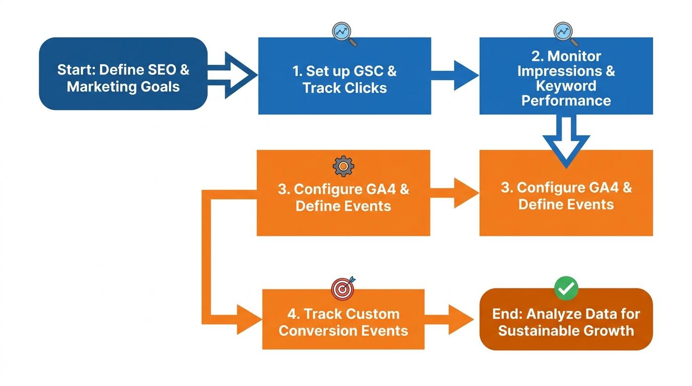 2-part flowchart showing Google Search Console tracking clicks and impressions, with an arrow pointing to Google Analytics tracking custom conversion events