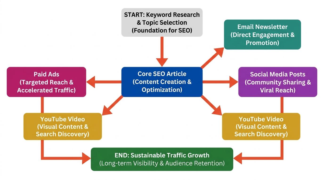 4-step flowchart showing Core SEO Article in the center with arrows pointing outward to Email Newsletter, Social Media Posts, YouTube Video, and Paid Ads, demonstrating content distribution