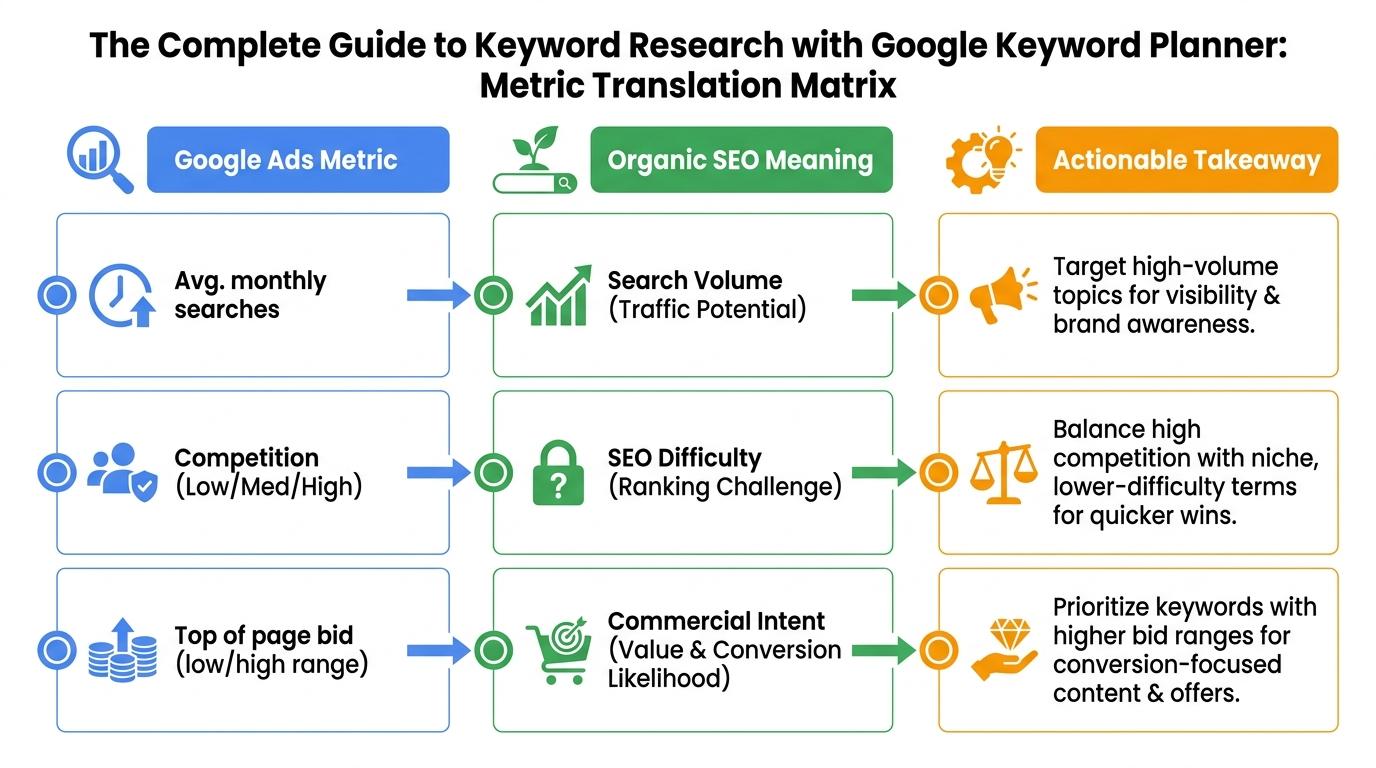 3-column metric translation matrix showing Google Ads Metric → Organic SEO Meaning → Actionable Takeaway