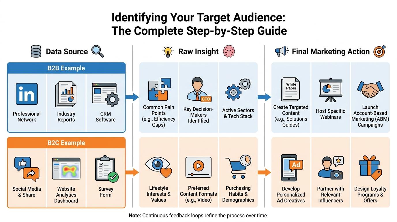 3-column layout showing Data Source, Raw Insight, and Final Marketing Action with specific B2B and B2C examples