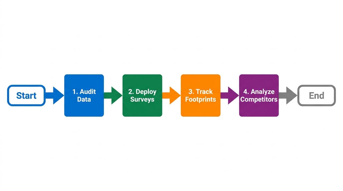 4-step flowchart showing Audit Data -> Deploy Surveys -> Track Footprints -> Analyze Competitors with arrows connecting each step