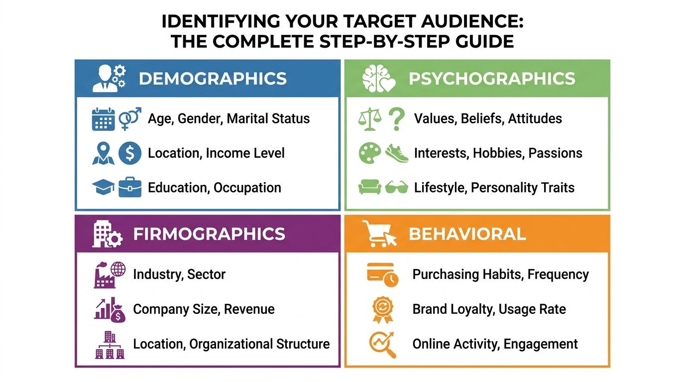 A 4-quadrant matrix showing Demographics, Psychographics, Behavioral, and Firmographics with 3 bullet points defining each category