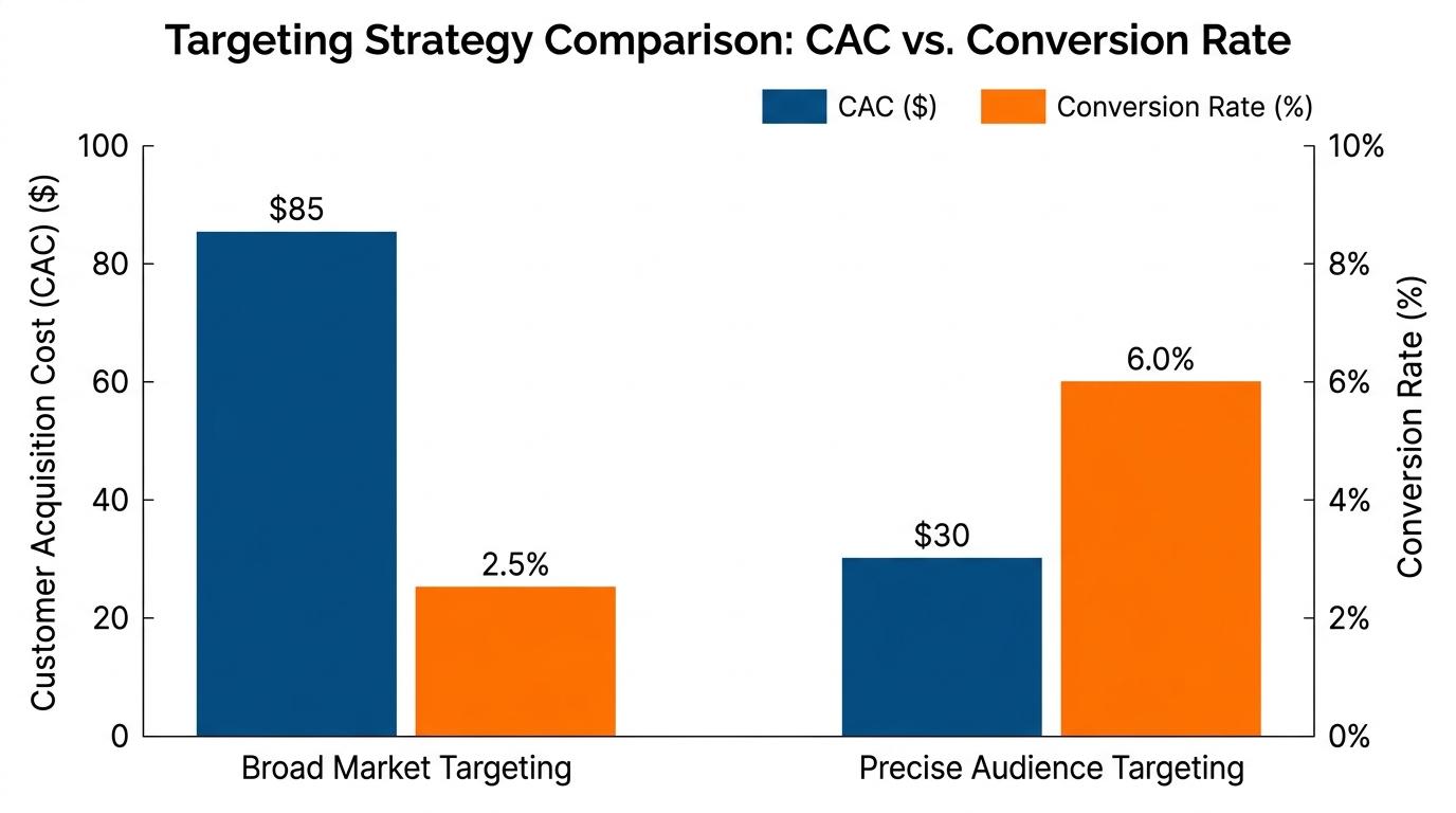 Bar chart comparing customer acquisition cost (CAC) and conversion rates between broad market targeting and precise audience targeting