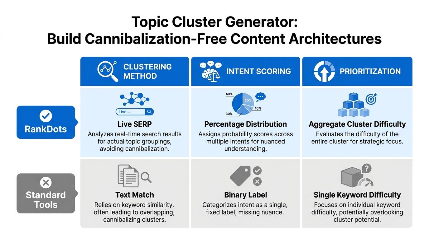 Comparison matrix showing RankDots vs standard tools across 3 criteria: Clustering Method (Live SERP vs Text Match), Intent Scoring (Percentage Distribution vs Binary Label), and Prioritization (Aggregate Cluster Difficulty vs Single Keyword Difficulty)
