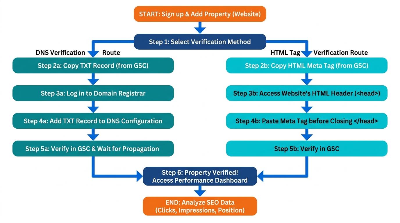 2-path workflow showing DNS verification steps branching left and HTML tag verification steps branching right