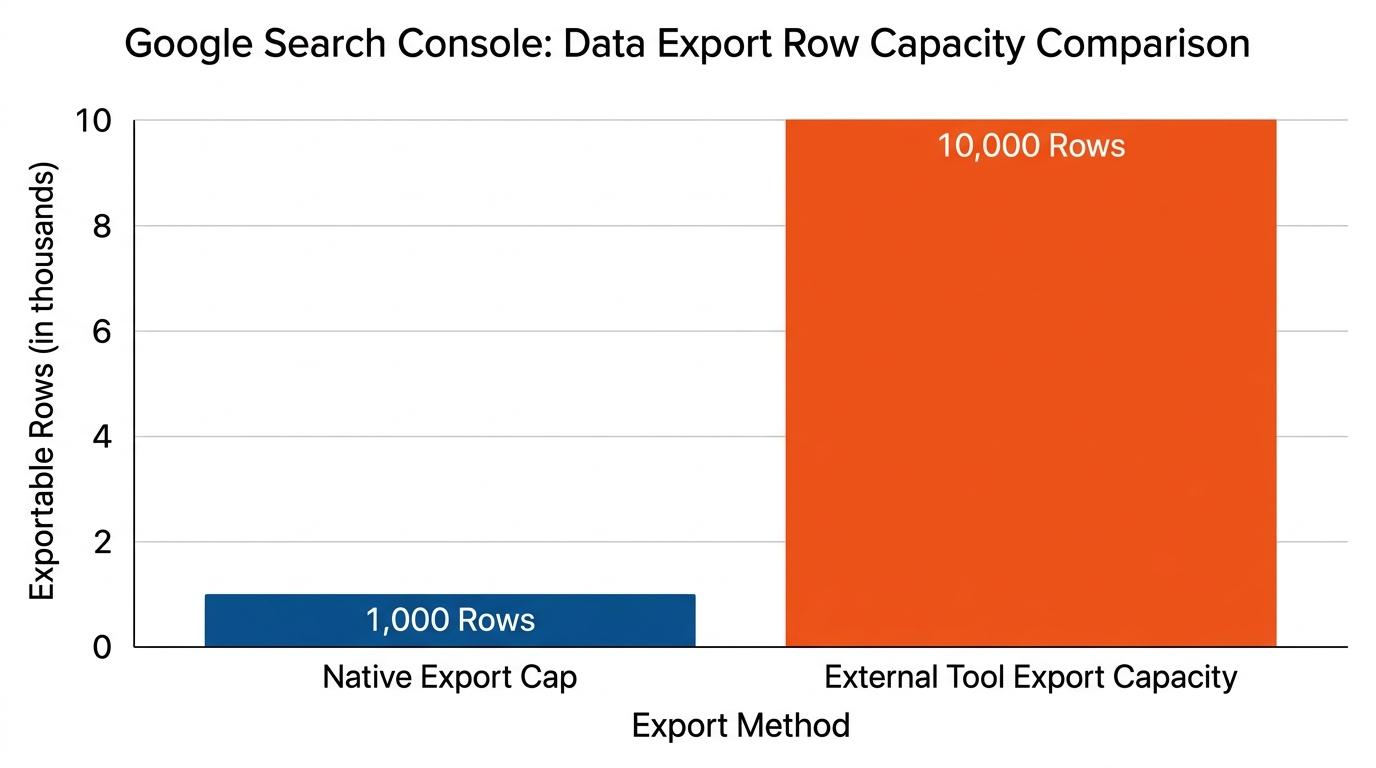 Bar chart comparing the 1,000-row native export cap against the 10,000-row external tool export capacity