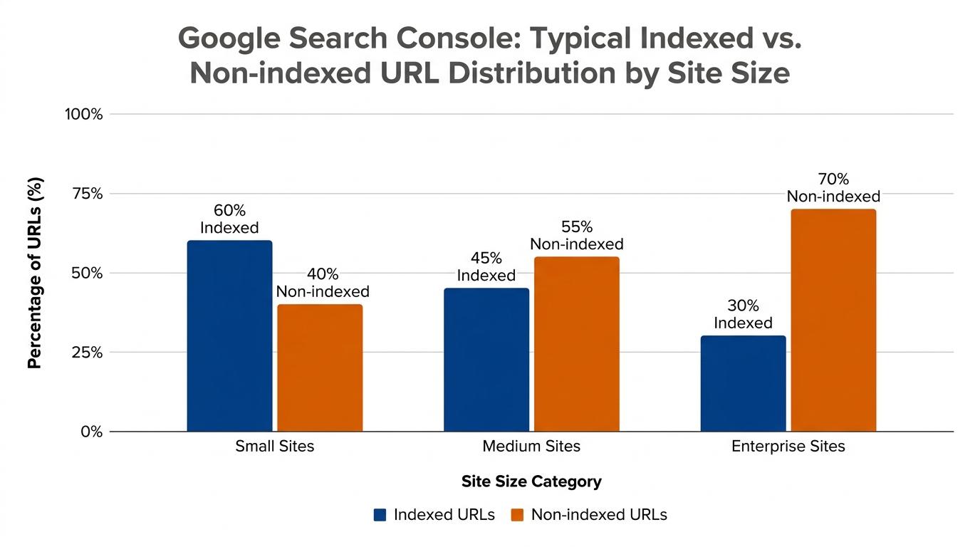 Bar chart comparing typical indexed vs non-indexed URL distribution across small, medium, and enterprise sites