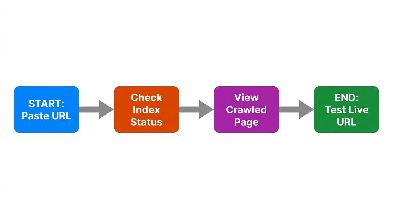Flowchart showing diagnostic path: Paste URL → Check Index Status → View Crawled Page → Test Live URL