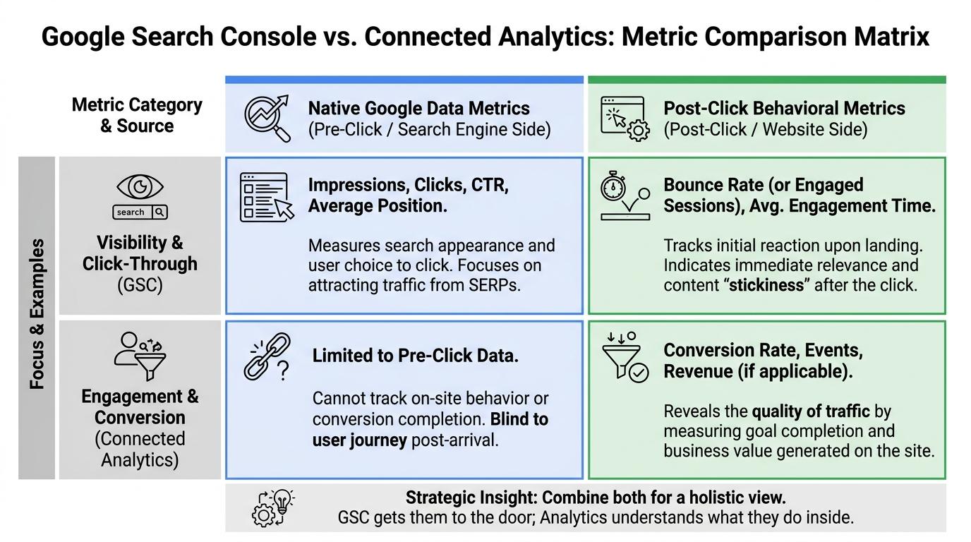 Matrix comparing native Google data metrics against post-click behavioral metrics available through connected analytics platforms