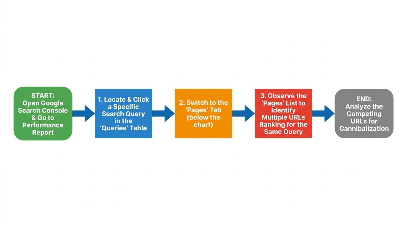 Workflow mapping how to click a query in the performance report, switch to the Pages tab, and identify multiple competing URLs
