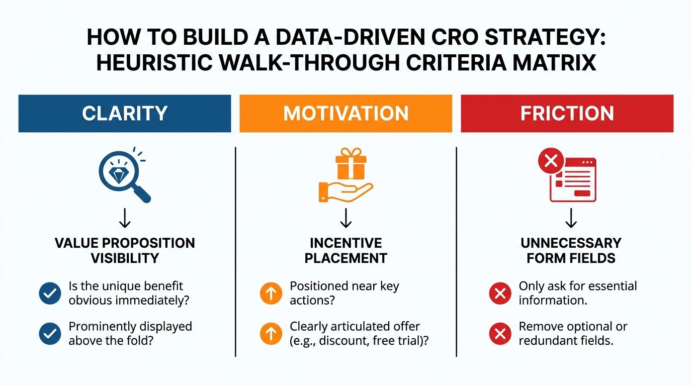 3-column matrix detailing Heuristic Walk-through criteria: Clarity showing value proposition visibility, Motivation showing incentive placement, and Friction listing unnecessary form fields