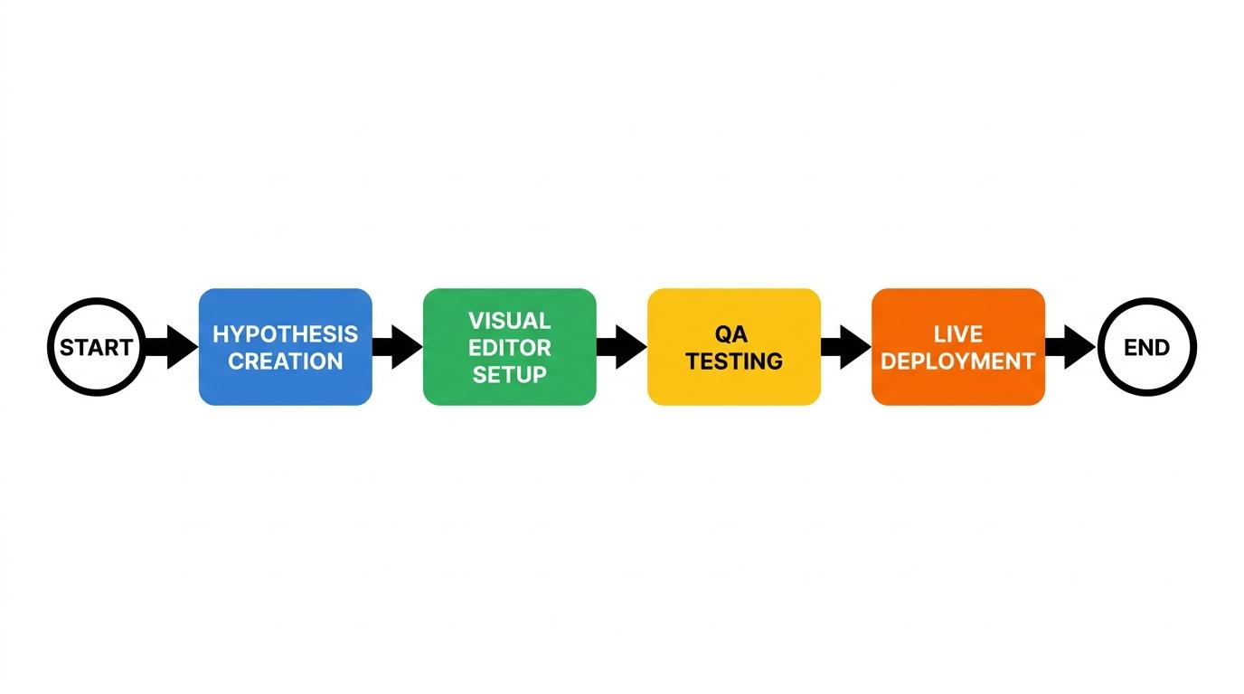 4-step flowchart showing Hypothesis Creation → Visual Editor Setup → QA Testing → Live Deployment with arrows connecting each phase