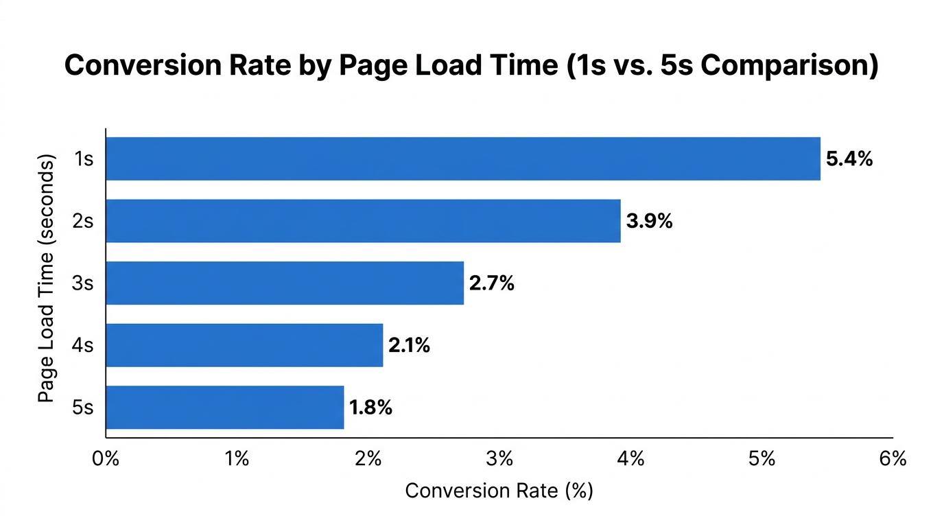 Bar chart comparing conversion rates across load times, demonstrating the 3x higher conversion rate multiplier for pages loading in 1 second versus 5 seconds