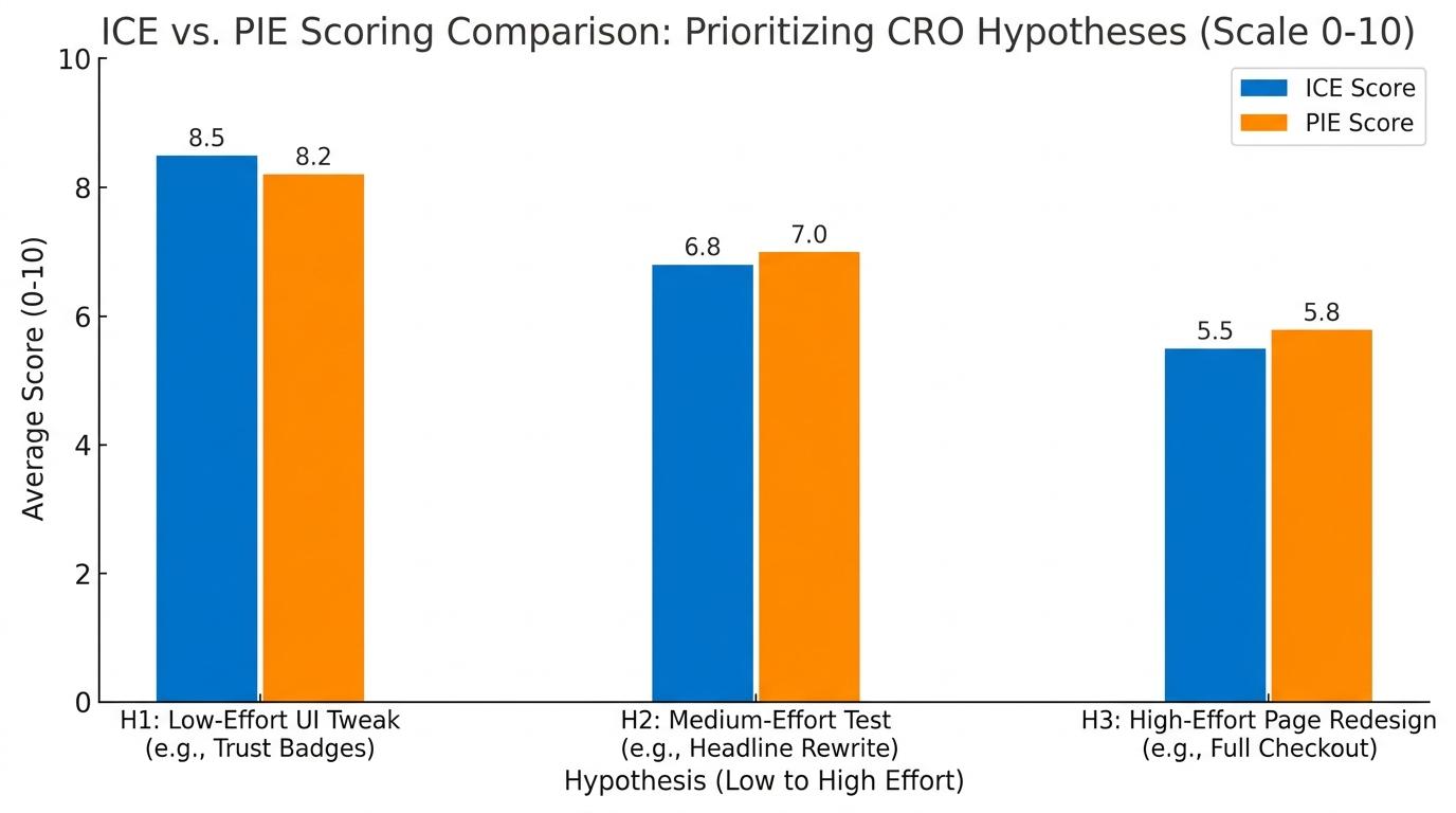 Bar chart comparing ICE vs PIE scoring for three sample hypotheses, demonstrating how a low-effort UI tweak frequently outranks a high-effort page redesign