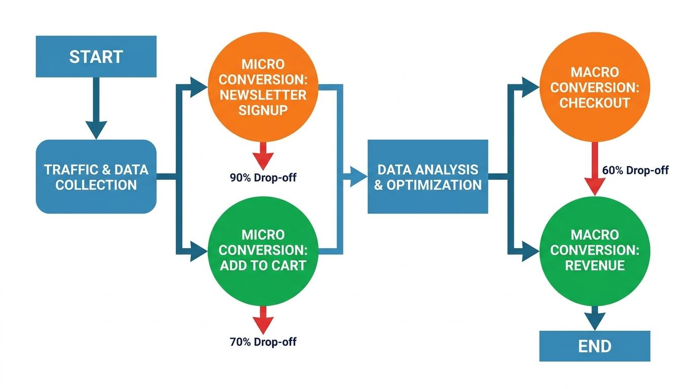 Flowchart showing the relationship between micro conversions like newsletter signup and add to cart feeding into macro conversions like checkout and revenue with percentage drop-offs at each stage