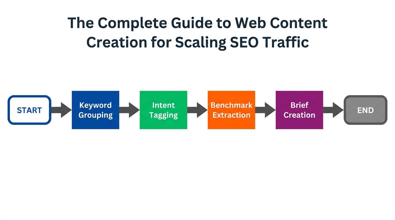 4-step flowchart showing Keyword Grouping → Intent Tagging → Benchmark Extraction → Brief Creation