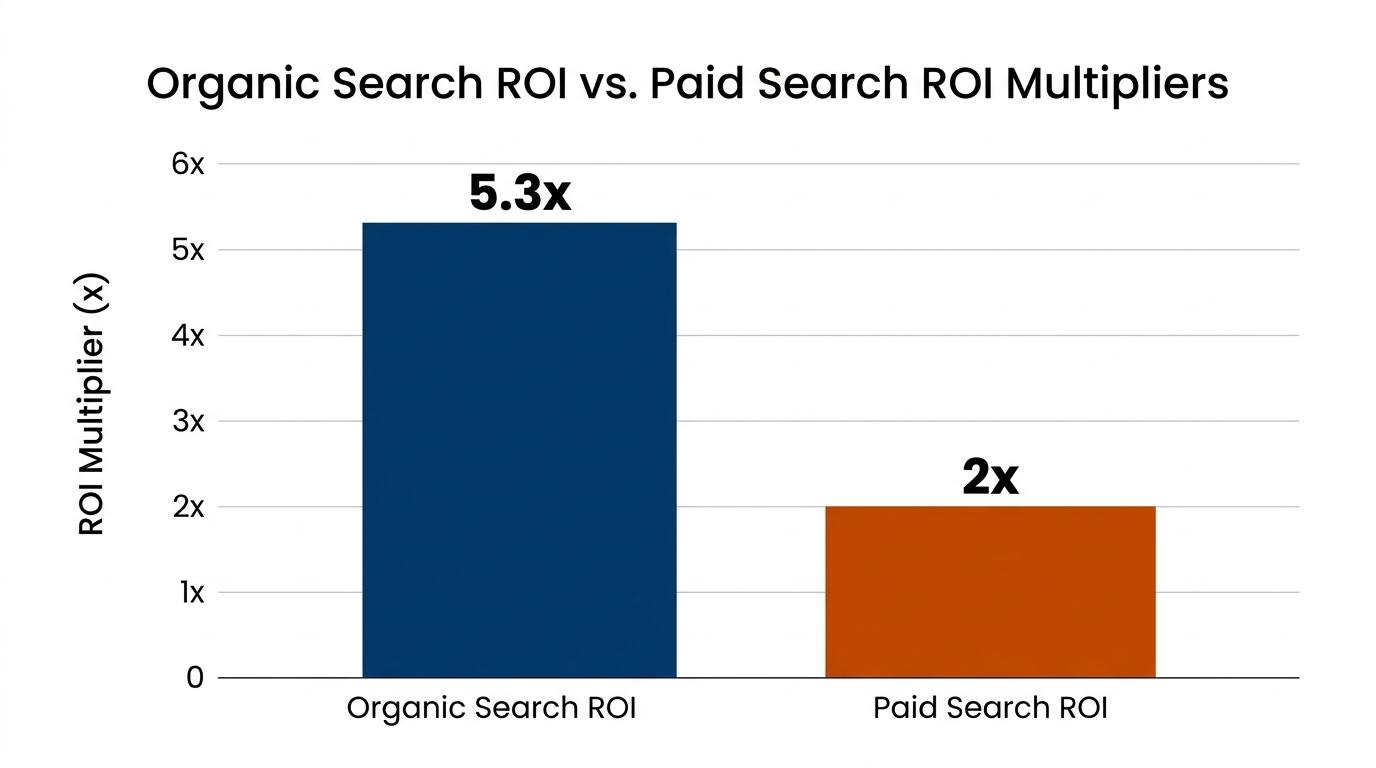 Bar chart comparing organic search ROI (5.3x) versus paid search ROI (2x)