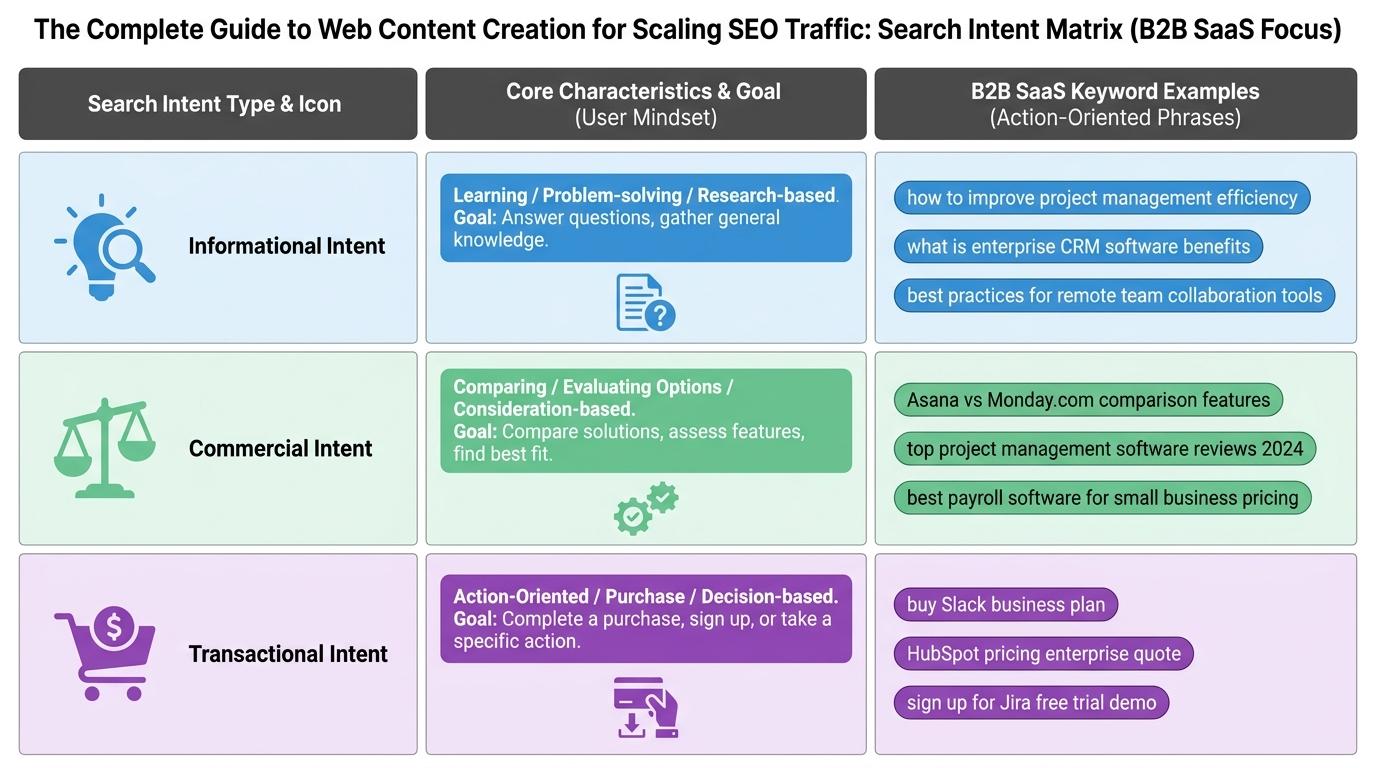 Matrix comparing Informational, Commercial, and Transactional search intents with example B2B SaaS keywords