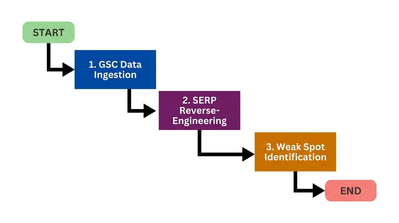 3-step flowchart showing GSC Data Ingestion → SERP Reverse-Engineering → Weak Spot Identification with arrows connecting each phase