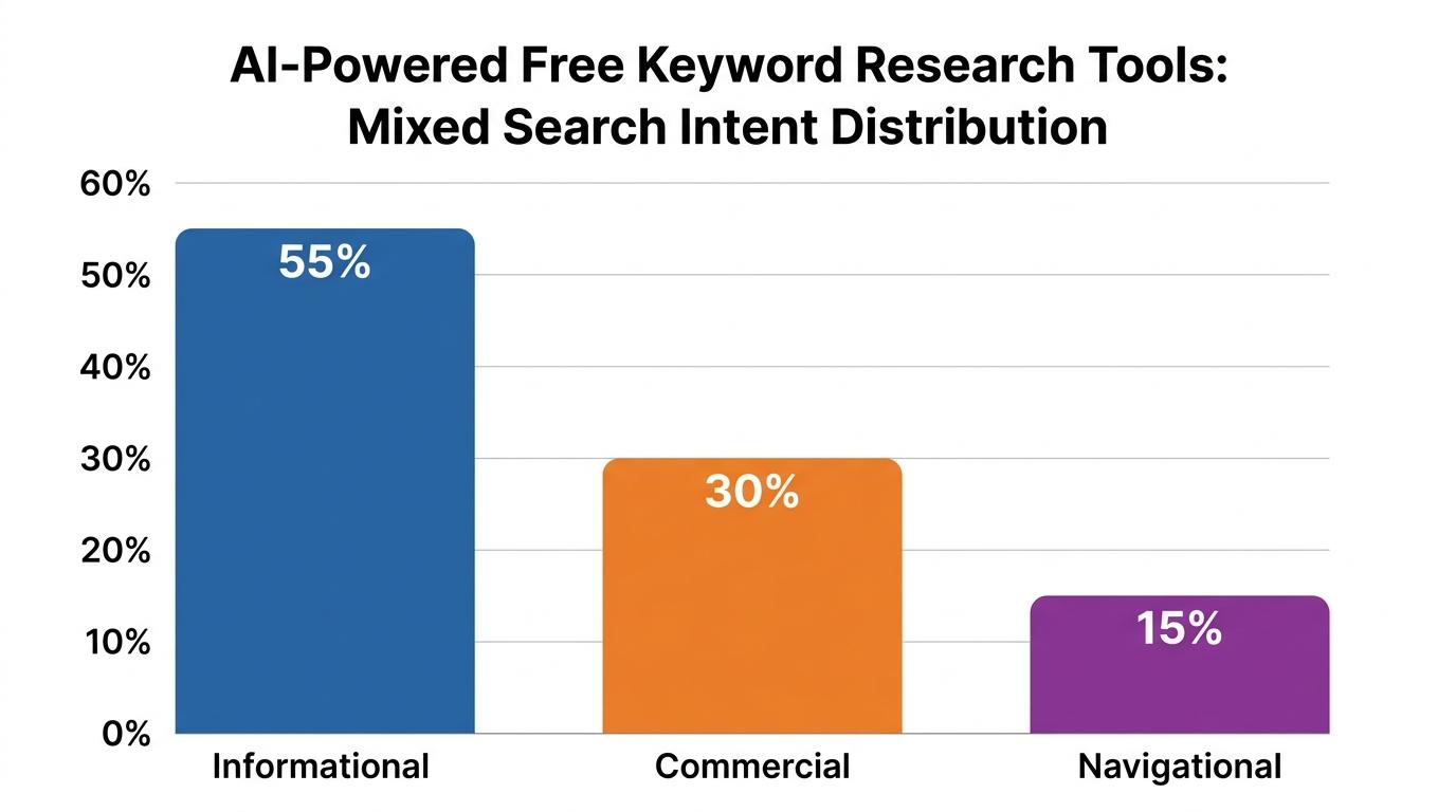 Bar chart showing mixed search intent distribution: 55% Informational, 30% Commercial, 15% Navigational