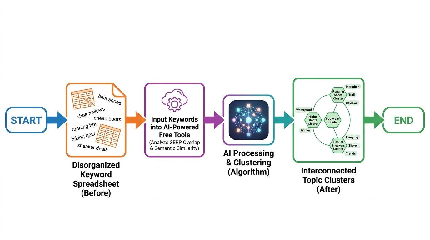 Before and after workflow showing a disorganized spreadsheet transforming into interconnected topic clusters based on SERP overlap