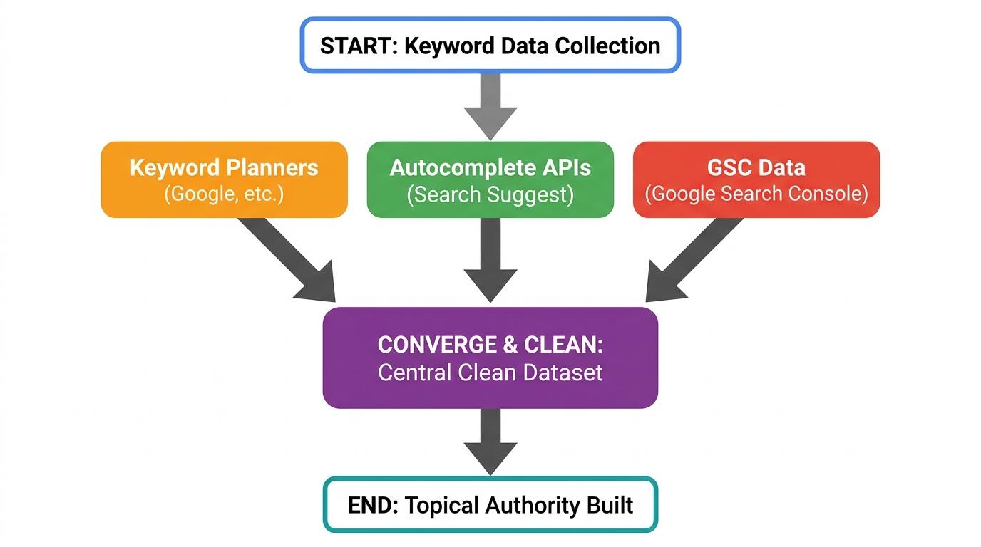 3-step flowchart showing Keyword Planners + Autocomplete APIs + GSC Data converging into a Central Clean Dataset