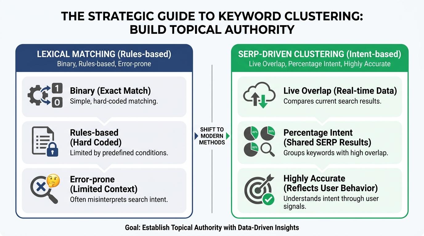 Comparison matrix showing Lexical Matching (Binary, Rules-based, Error-prone) vs SERP-driven Clustering (Live Overlap, Percentage Intent, Highly Accurate)