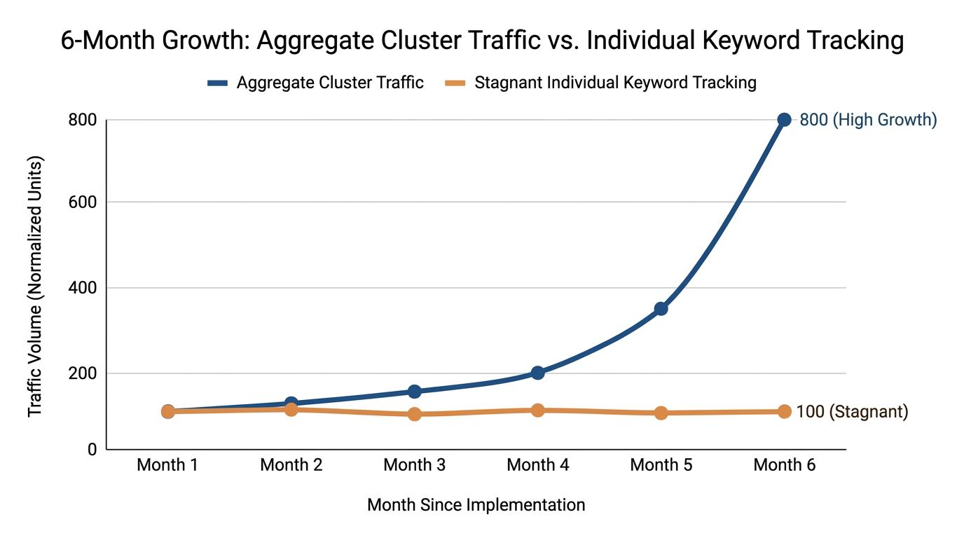 Line graph demonstrating a 6-month growth trajectory of aggregate cluster traffic vs stagnant individual keyword tracking