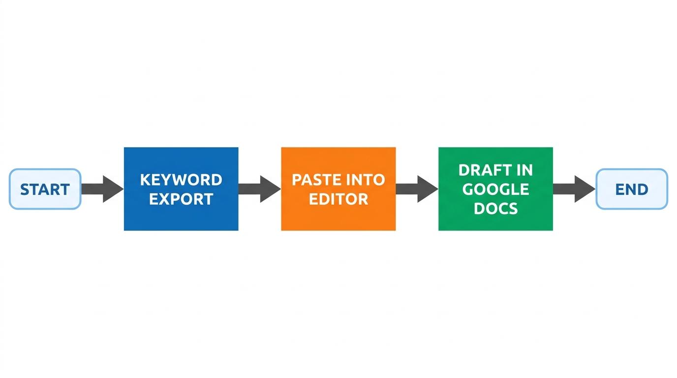 3-step flowchart showing Keyword Export -> Paste into Editor -> Draft in Google Docs