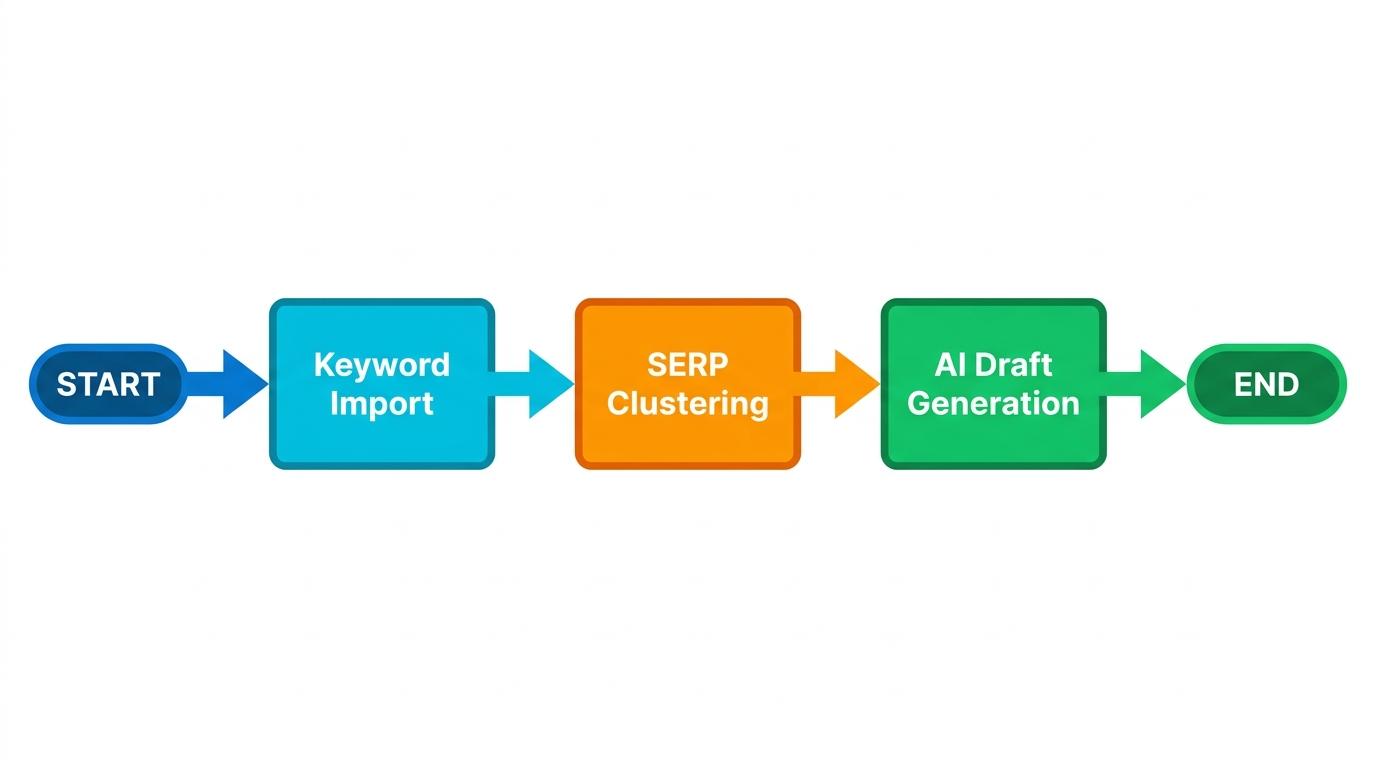 3-step flowchart showing Keyword Import directly leading to SERP Clustering and flowing into AI Draft Generation