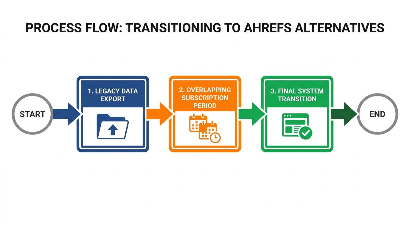 3-step flowchart showing legacy data export, overlapping subscription period, and final system transition