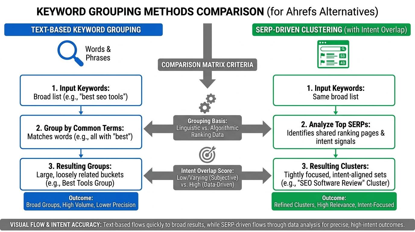 Comparison matrix showing text-based keyword grouping versus SERP-driven clustering with intent overlap scores