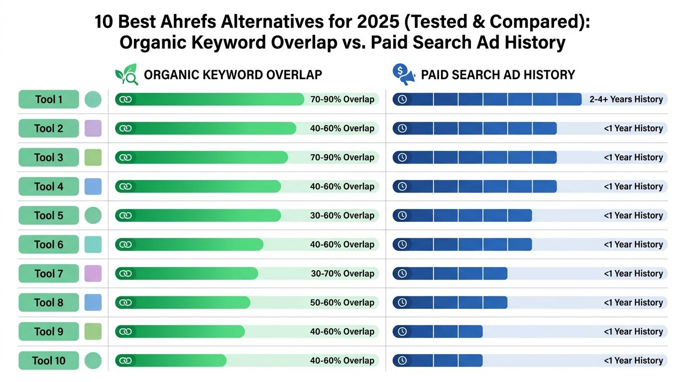 Side-by-side comparison of organic keyword overlap and paid search ad history metrics